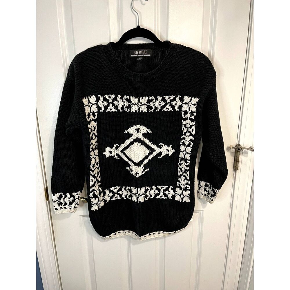 Vintage Sk Wear Black & White Geometric Ramie Blend Sweater Size Small Petite
